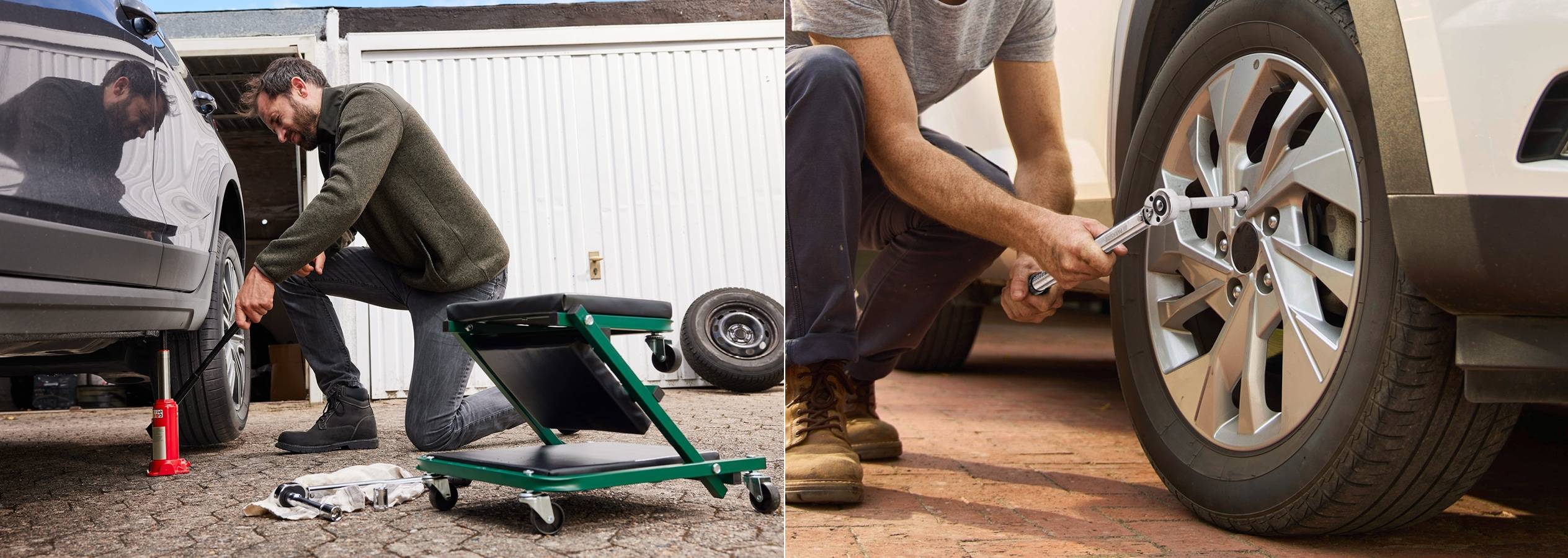 Muž používá hydraulický zvedák a klíč k výměně kola na autě.