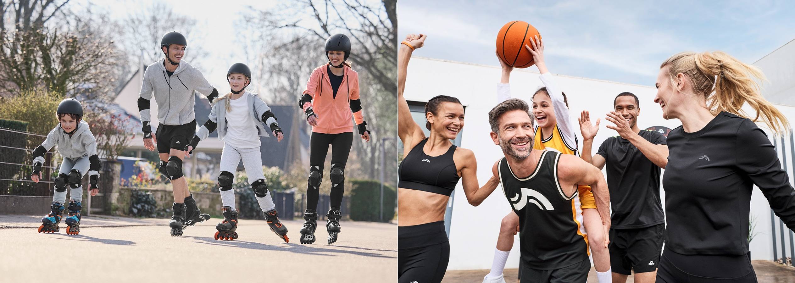 Lidé si užívají aktivní životní styl s inline bruslemi a basketbalem.