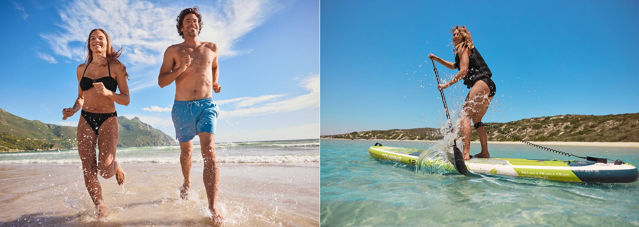 Dvojice v plavkách běží po pláži a žena paddleboarduje na moři.