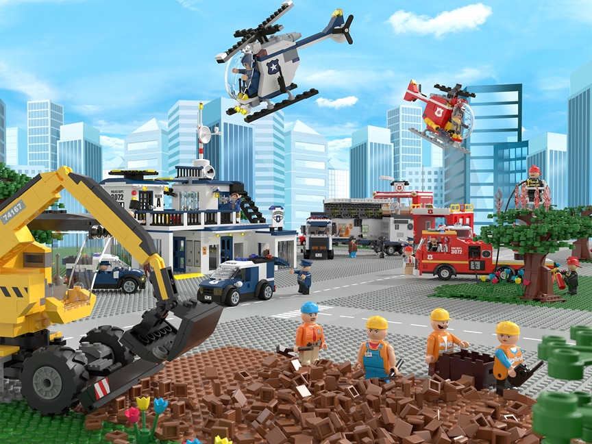 Lego stavebnice s hasičským a policejním tématem, včetně helikoptér, aut a stavebních strojů.