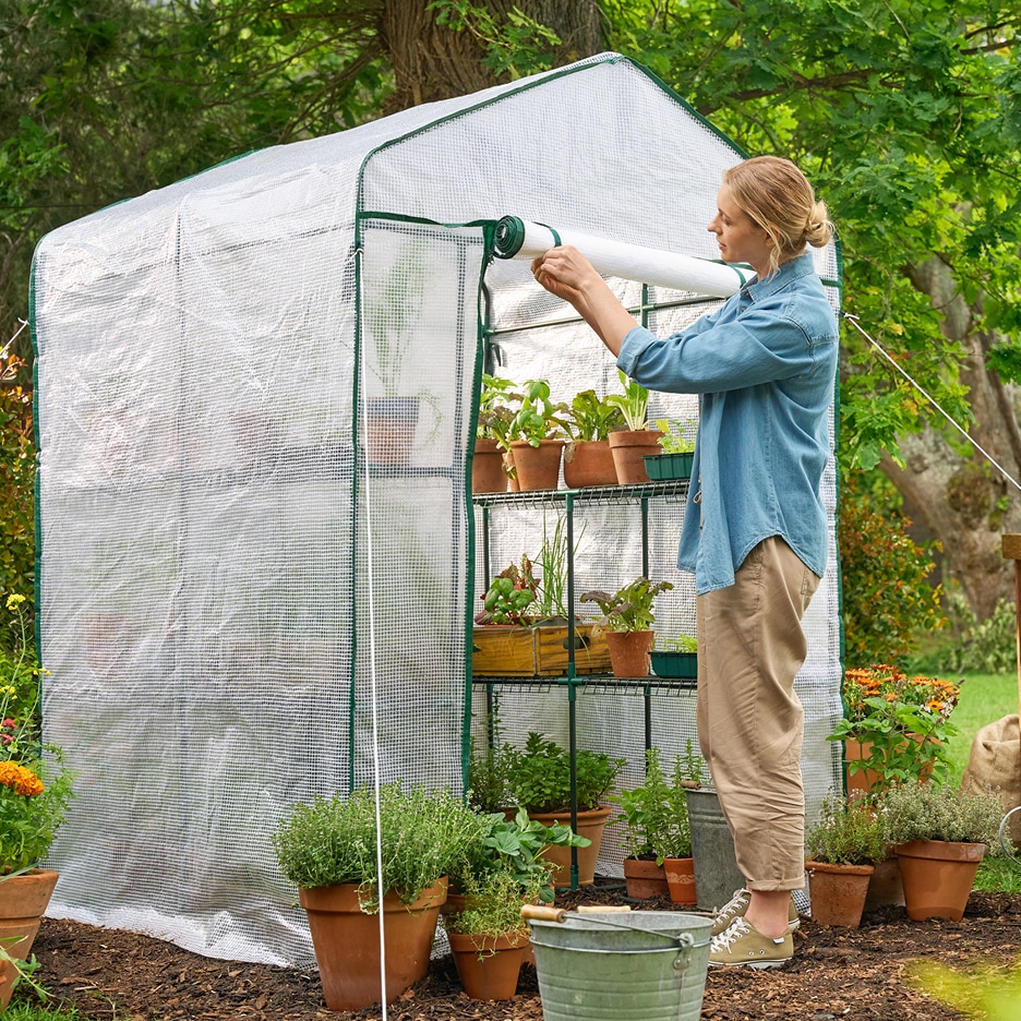 Žena otevírá malý skleník plný bylinek a rostlin v květináčích.