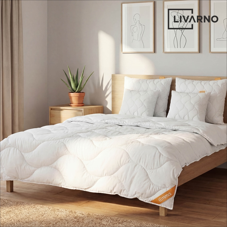 Bílá prošívaná přikrývka a polštáře na dřevěné posteli v ložnici s rostlinou a obrazy.