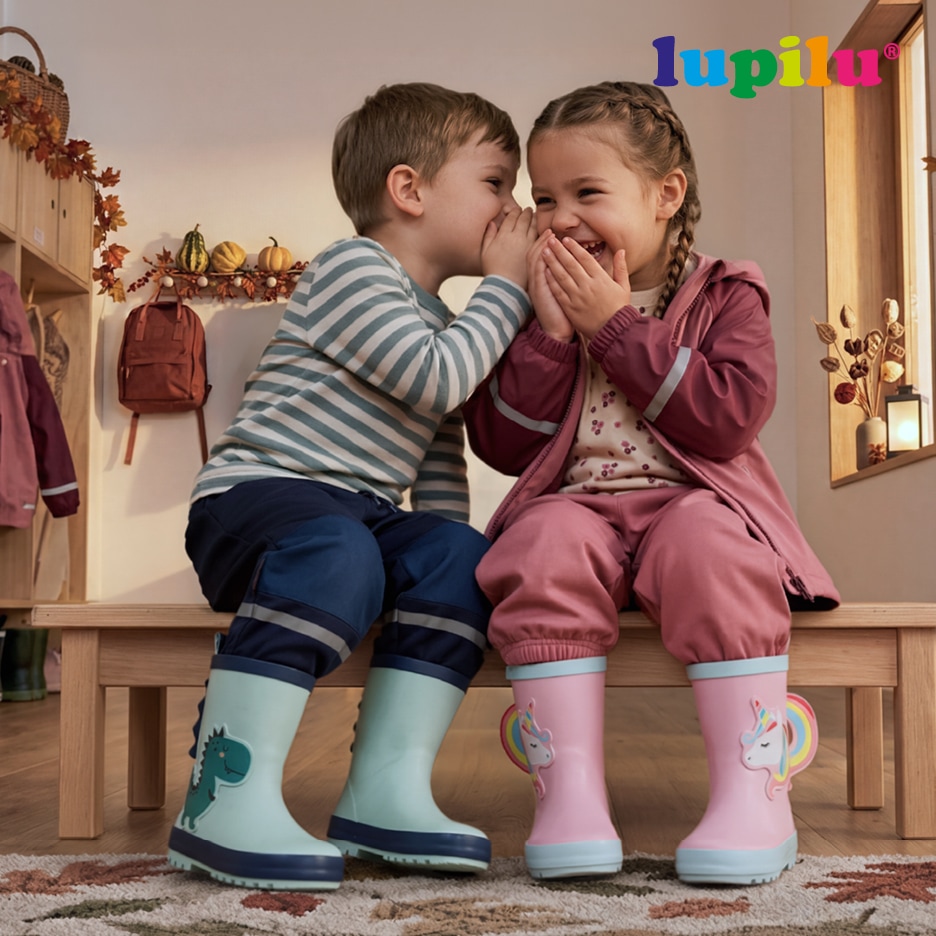 Dvě děti v pláštěnkách a holínkách, chlapec šeptá dívce do ucha, oba se smějí.