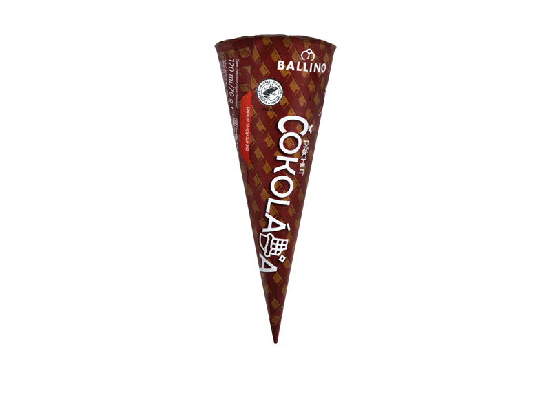 Čokoládový kornout zmrzliny s nápisem 'Čokoláda' a objemem 120 ml/70 g.