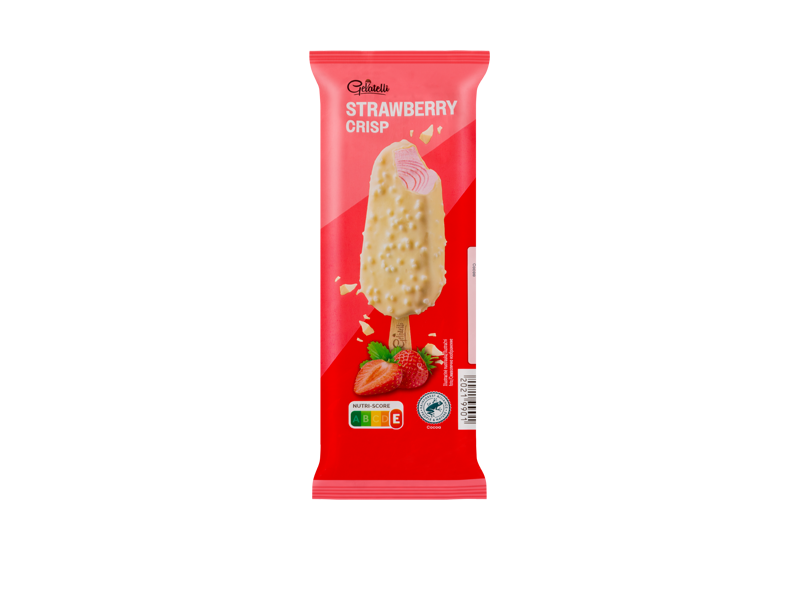 Obal na zmrzlinu s jahodovou příchutí a bílou čokoládou, s nápisem „STRAWBERRY CRISP“ a logem Nutri-Score.