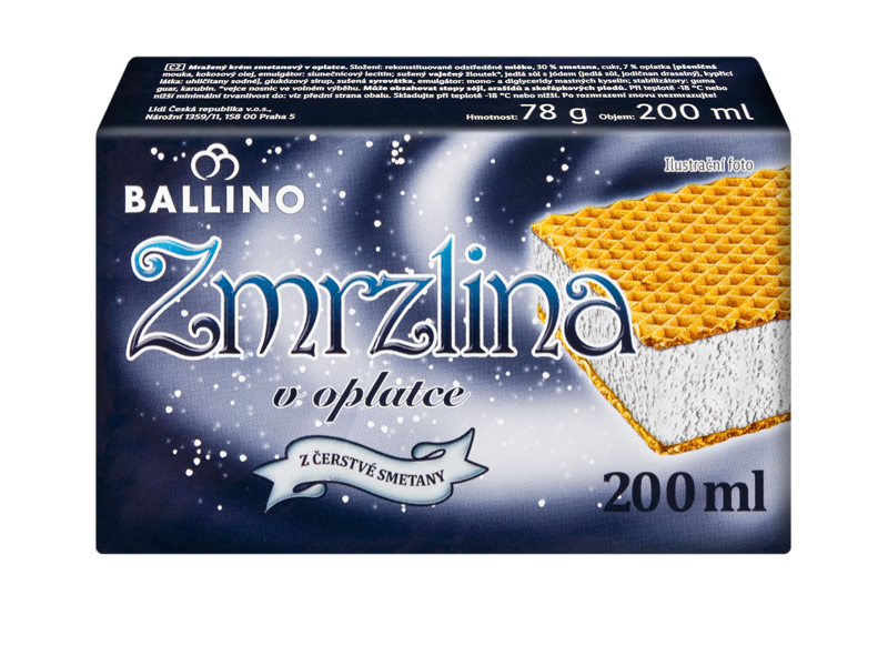 Zmrzlina v oplatce s nápisem „Z čerstvé smetany“ na tmavě modrém pozadí s hvězdami.