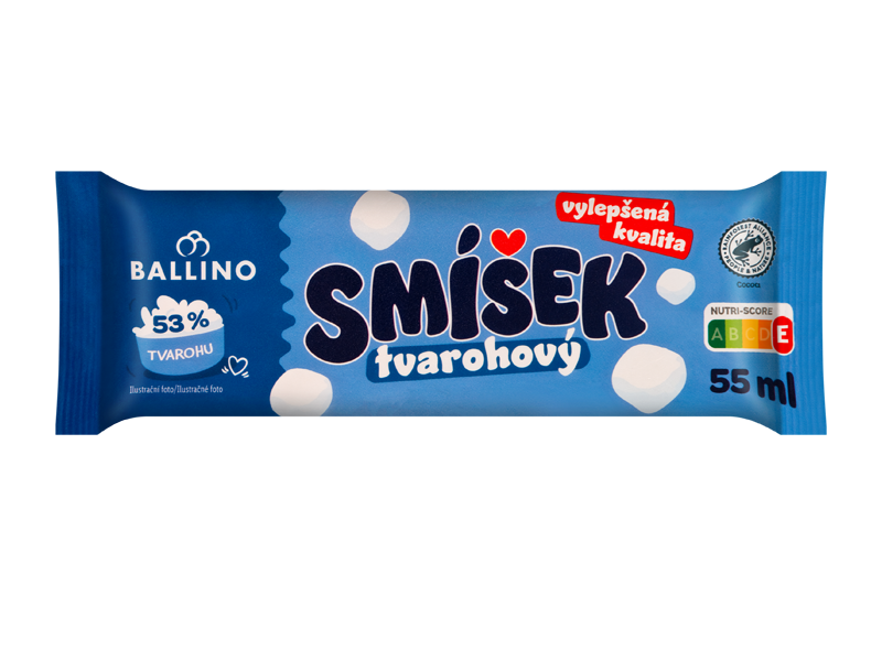 Modrý obal s nápisem 'Smíšek tvarohový', 53 % tvarohu, vylepšená kvalita, Nutri-Score E, 55 ml.
