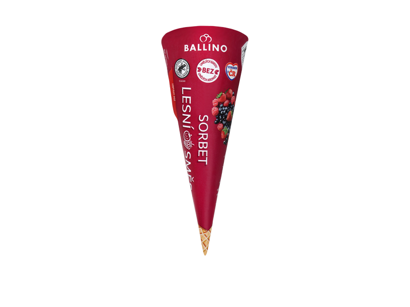 Červený kornout se sorbetem z lesního ovoce, s nápisem 'LESNÍ SORBET' a obrázkem bobulí.