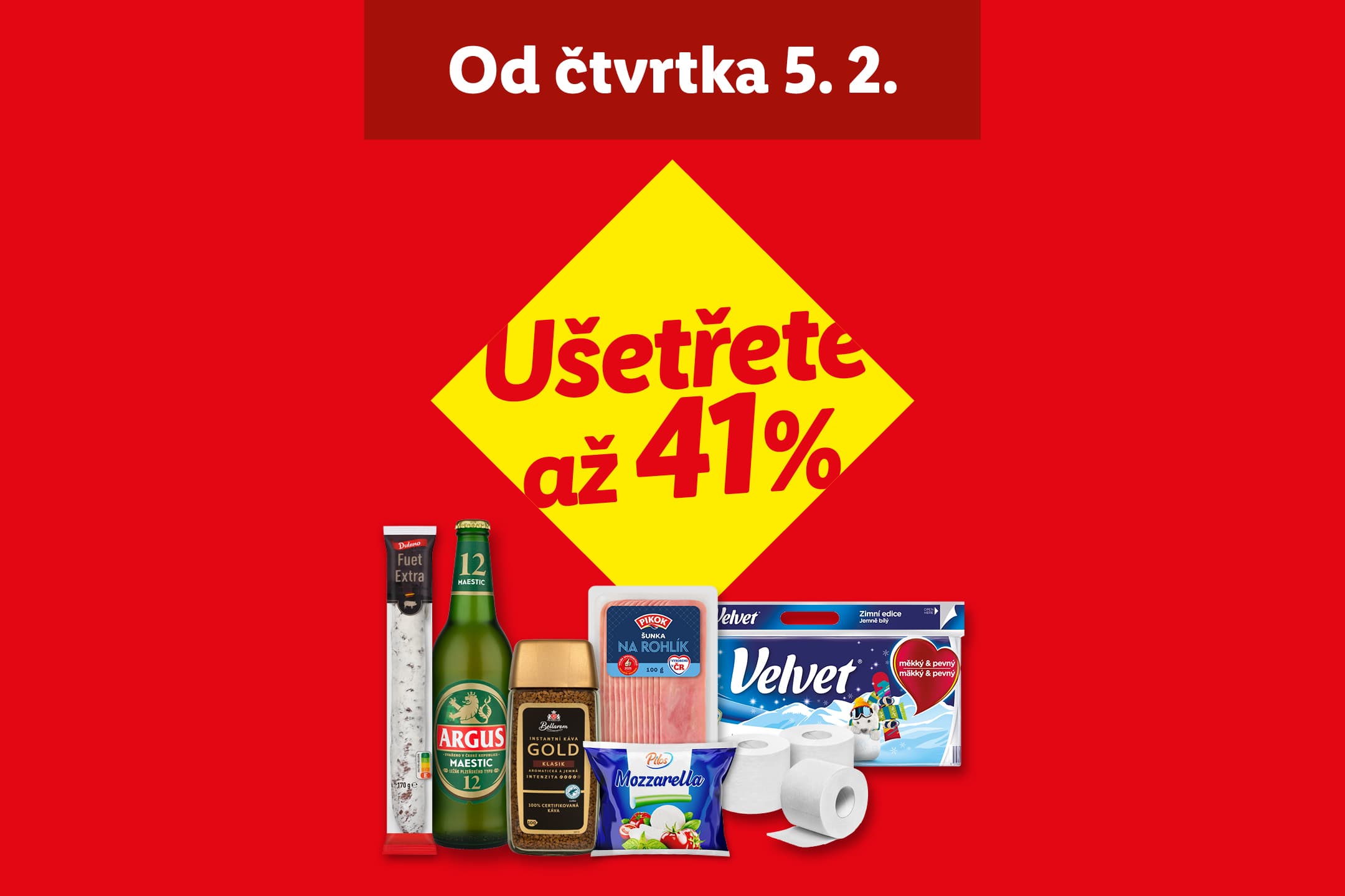 Od čtvrtka 5. 2. Ušetřete až 41 % na uzeniny, kávu, sýry, pivo a toaletní papír.