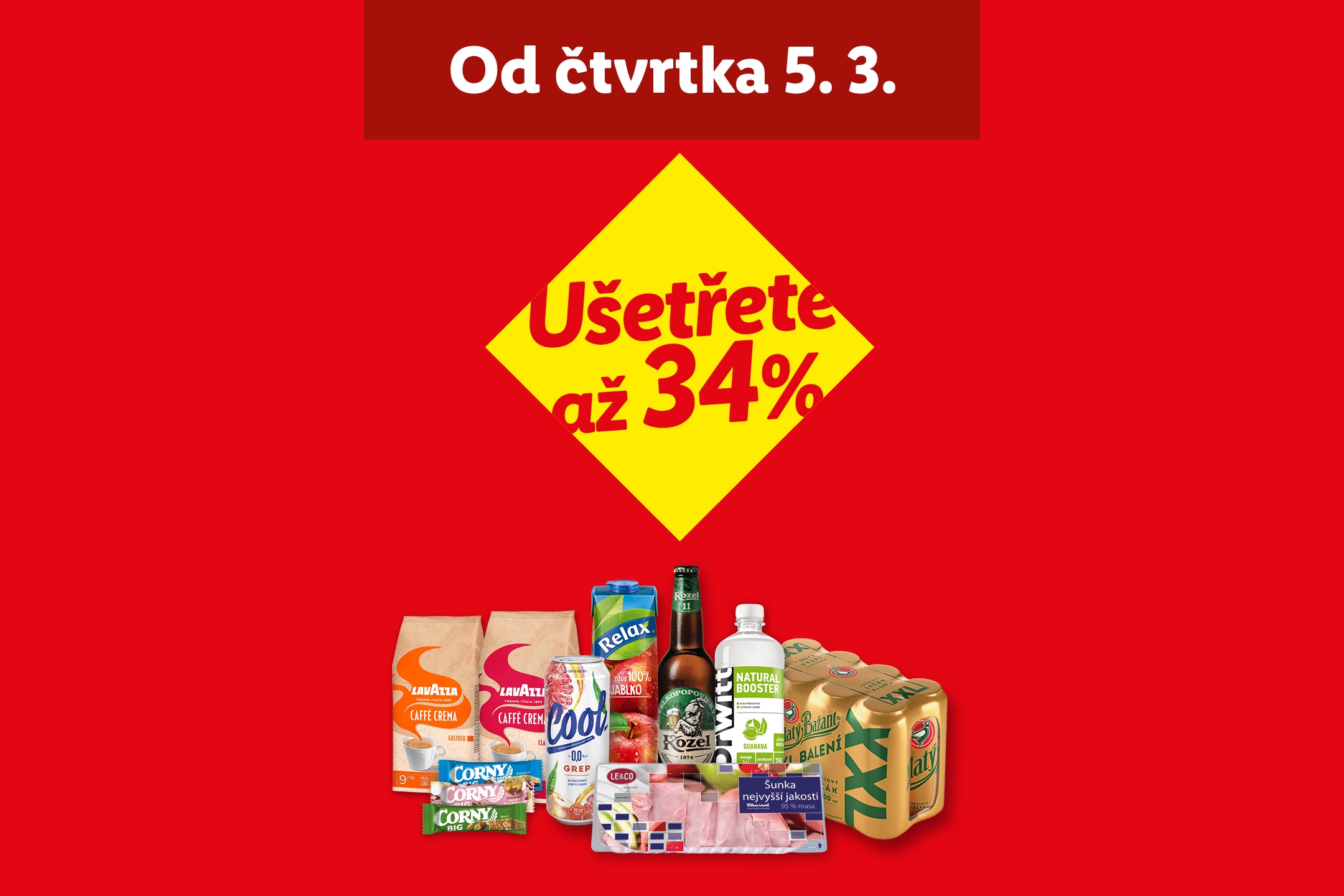 Reklama na slevy od čtvrtka 5. 3. s nápisem „Ušetřete až 34 %“ a zobrazením kávy, džusu, piva a uzenin.