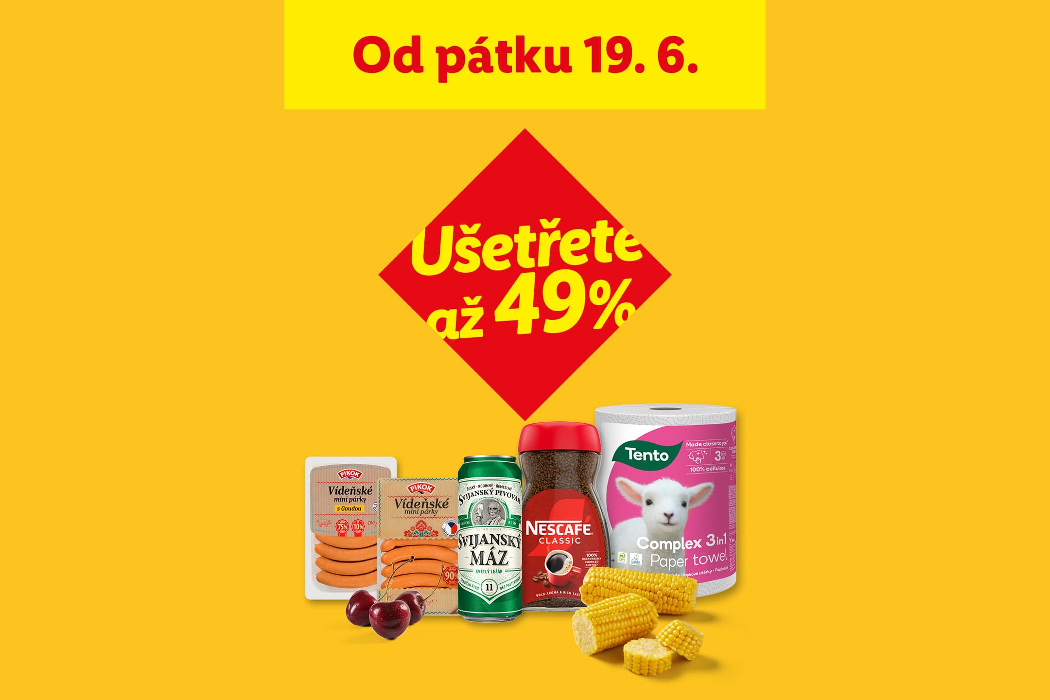 Reklama na slevy od pátku 19. 6. až 49 % na párky, pivo, kávu, papírové utěrky a kukuřici.