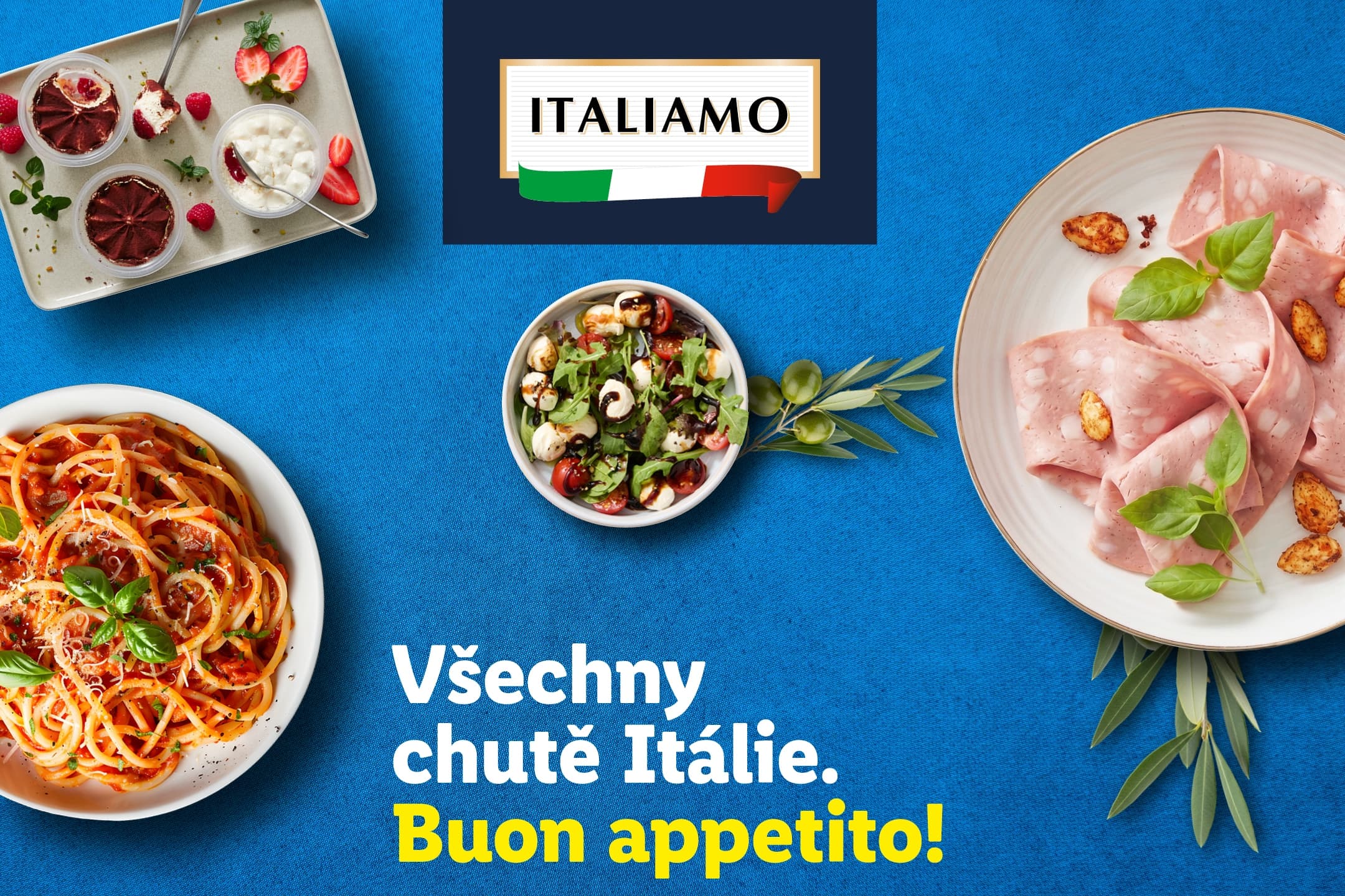 Italské speciality: salát Caprese, mortadella, těstoviny, tiramisu a nápis 'Všechny chutě Itálie. Buon appetito!'