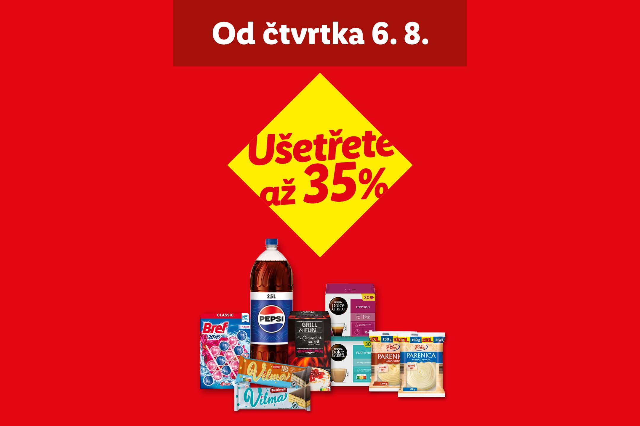 Od čtvrtka 6. 8. Ušetřete až 35 % na nápojích, kávě, sýrech a dalších produktech.