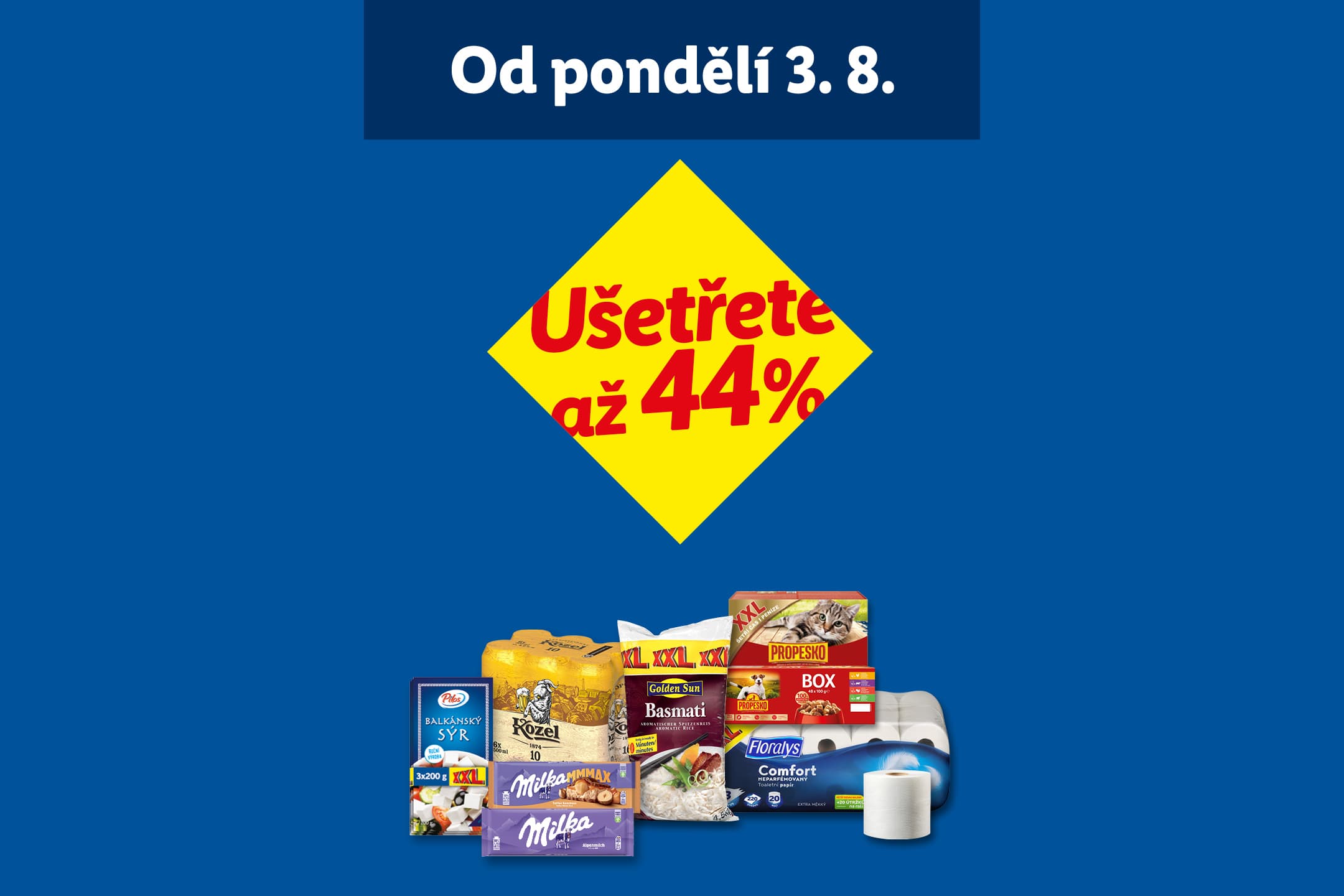 Reklama na potraviny a domácí potřeby s nápisem „Od pondělí 3. 8.“ a „Ušetřete až 44 %“.