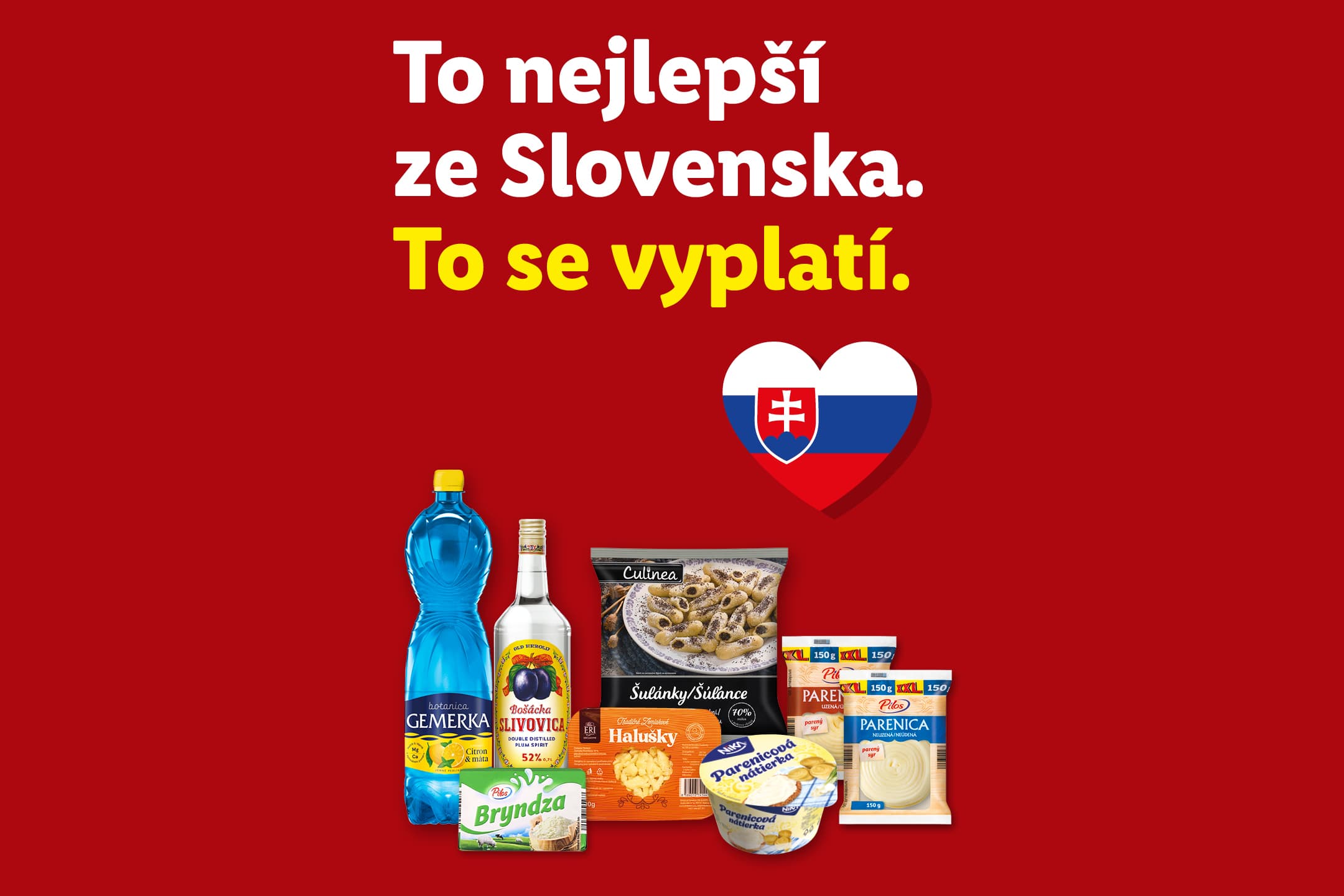 Slovenské speciality: švestková pálenka, minerální voda, halušky, šulánky, brynza a parenica.