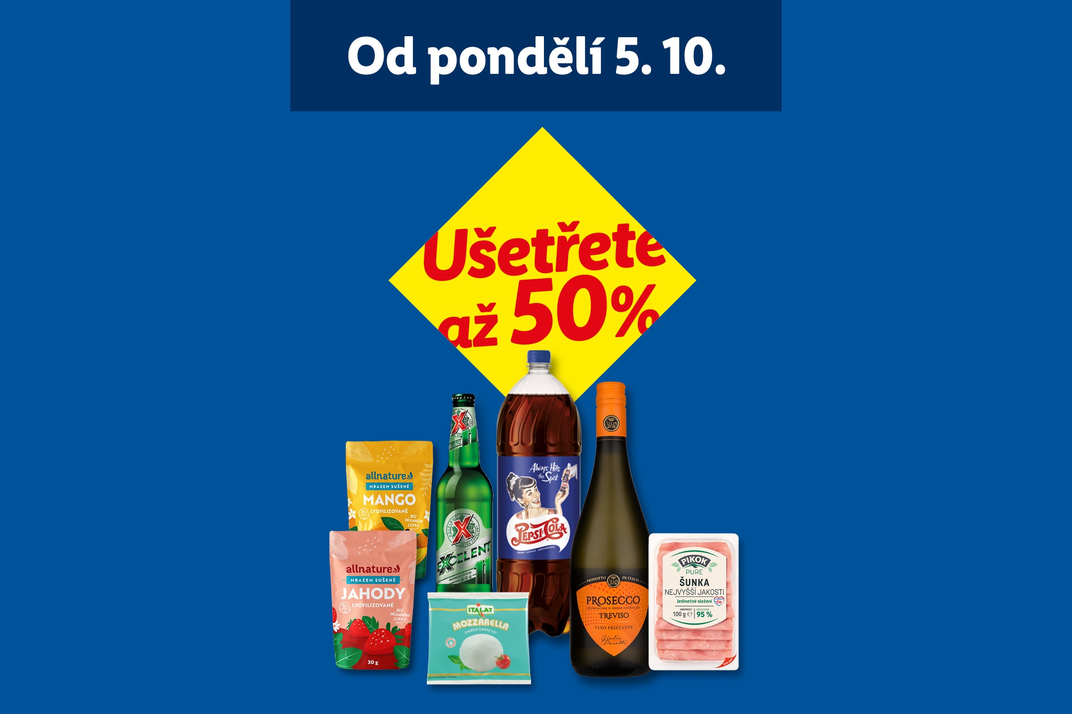 Akční nabídka potravin a nápojů se slevou až 50 % od pondělí 5. 10.