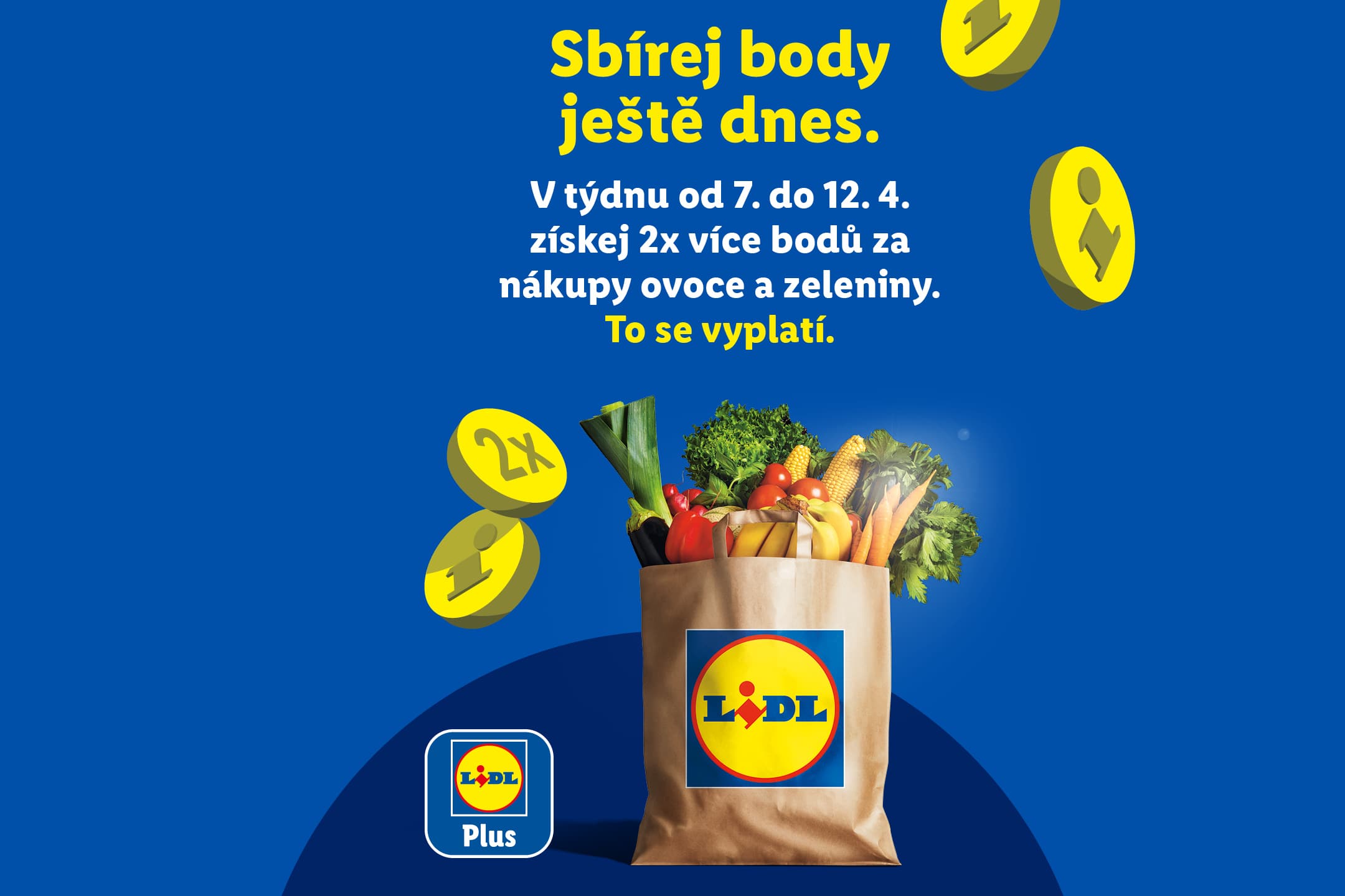 Modrý plakát s textem 'Sbírej body ještě dnes' a nákupní taškou plnou ovoce a zeleniny.
