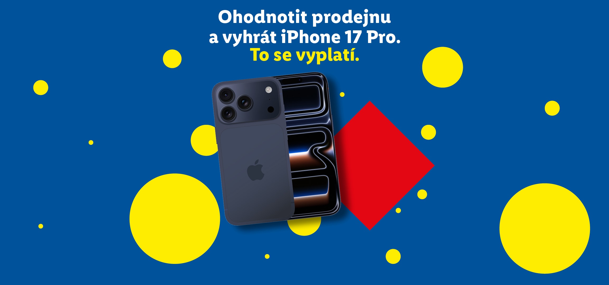 Modrý banner s textem 'Ohodnotit prodejnu a vyhrát iPhone 17 Pro. To se vyplatí.' a obrázkem iPhonu.