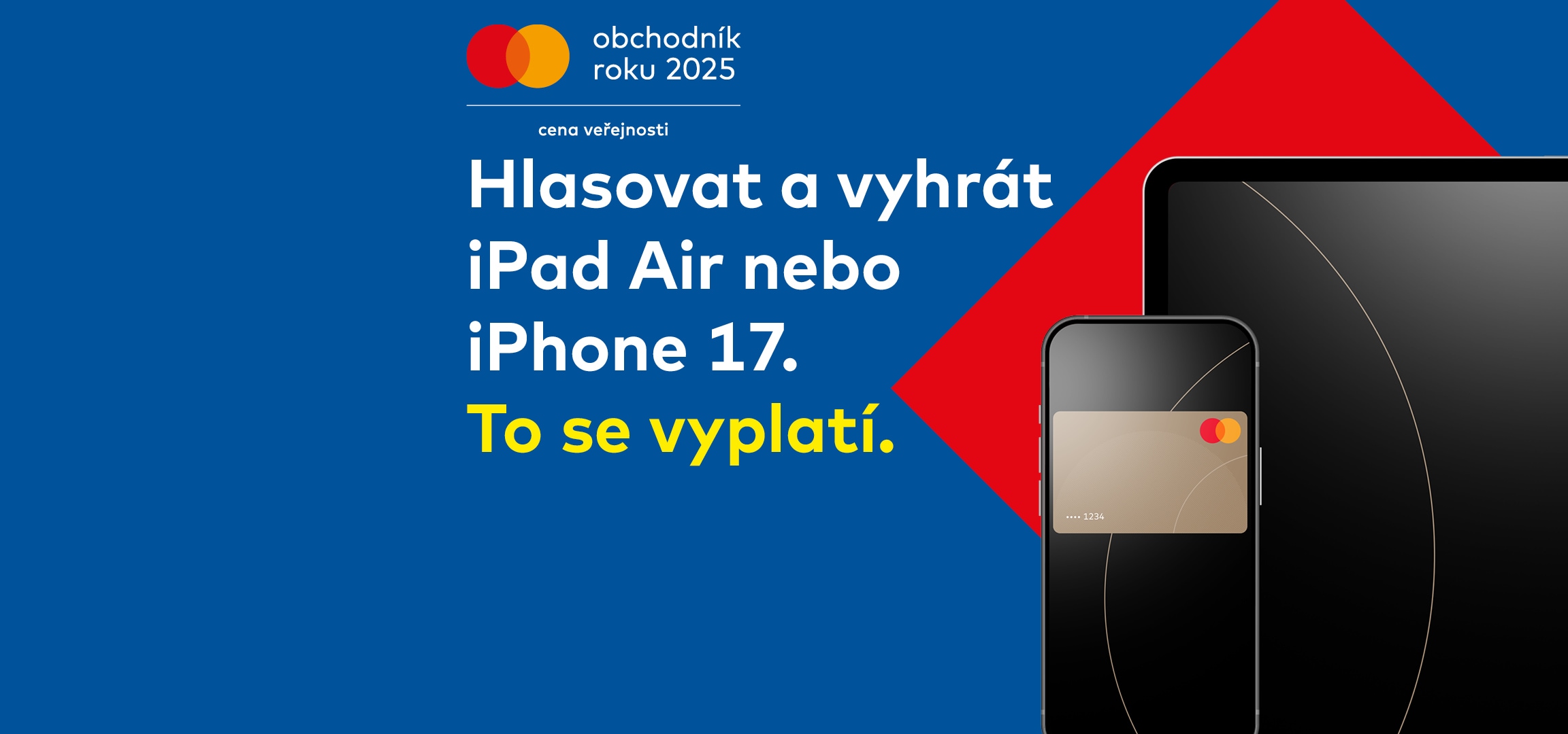 Soutěž Obchodník roku 2025 s možností vyhrát iPad Air nebo iPhone 17, zobrazeno s platební kartou.