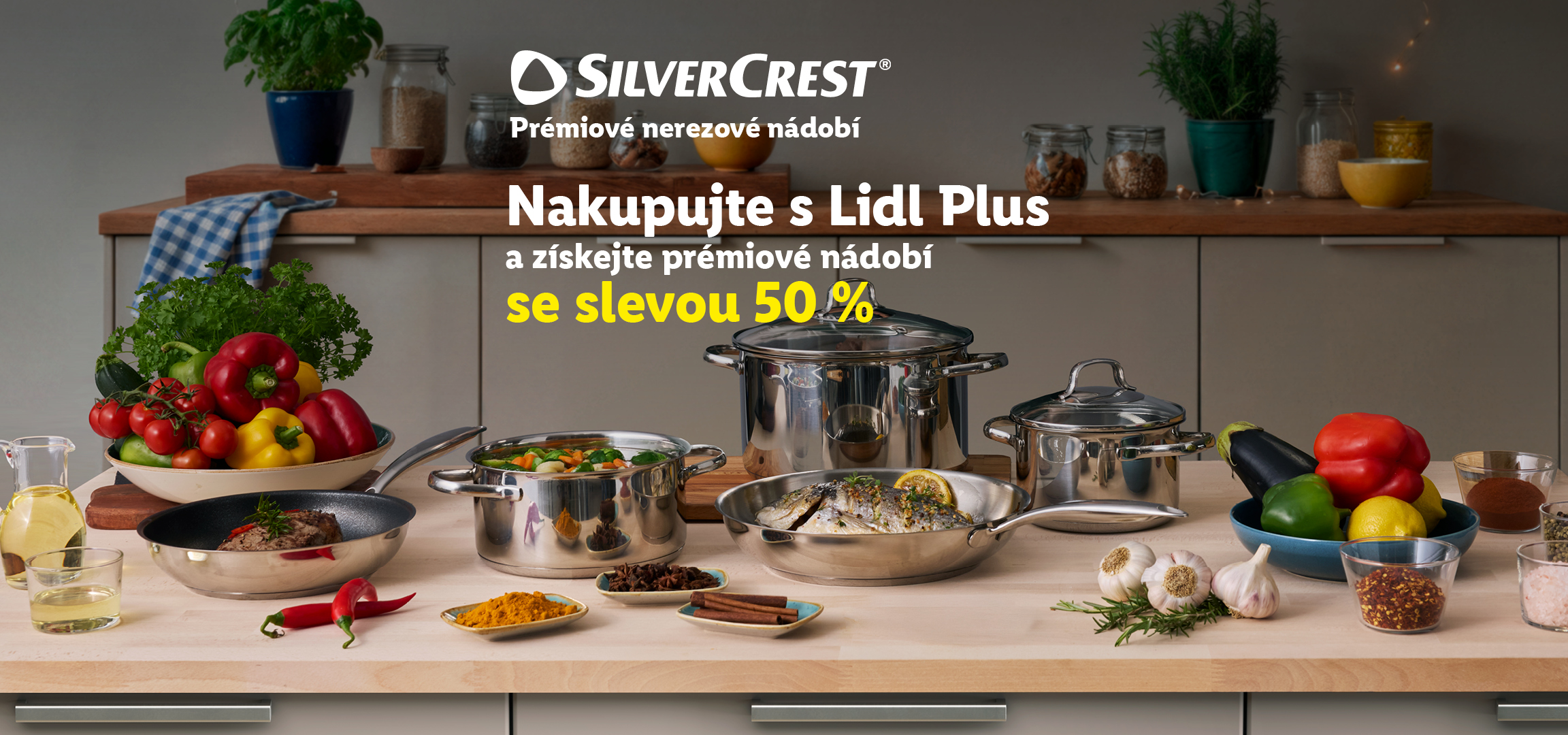 Nerezové nádobí SilverCrest a čerstvé suroviny s nabídkou 50% slevy s Lidl Plus.