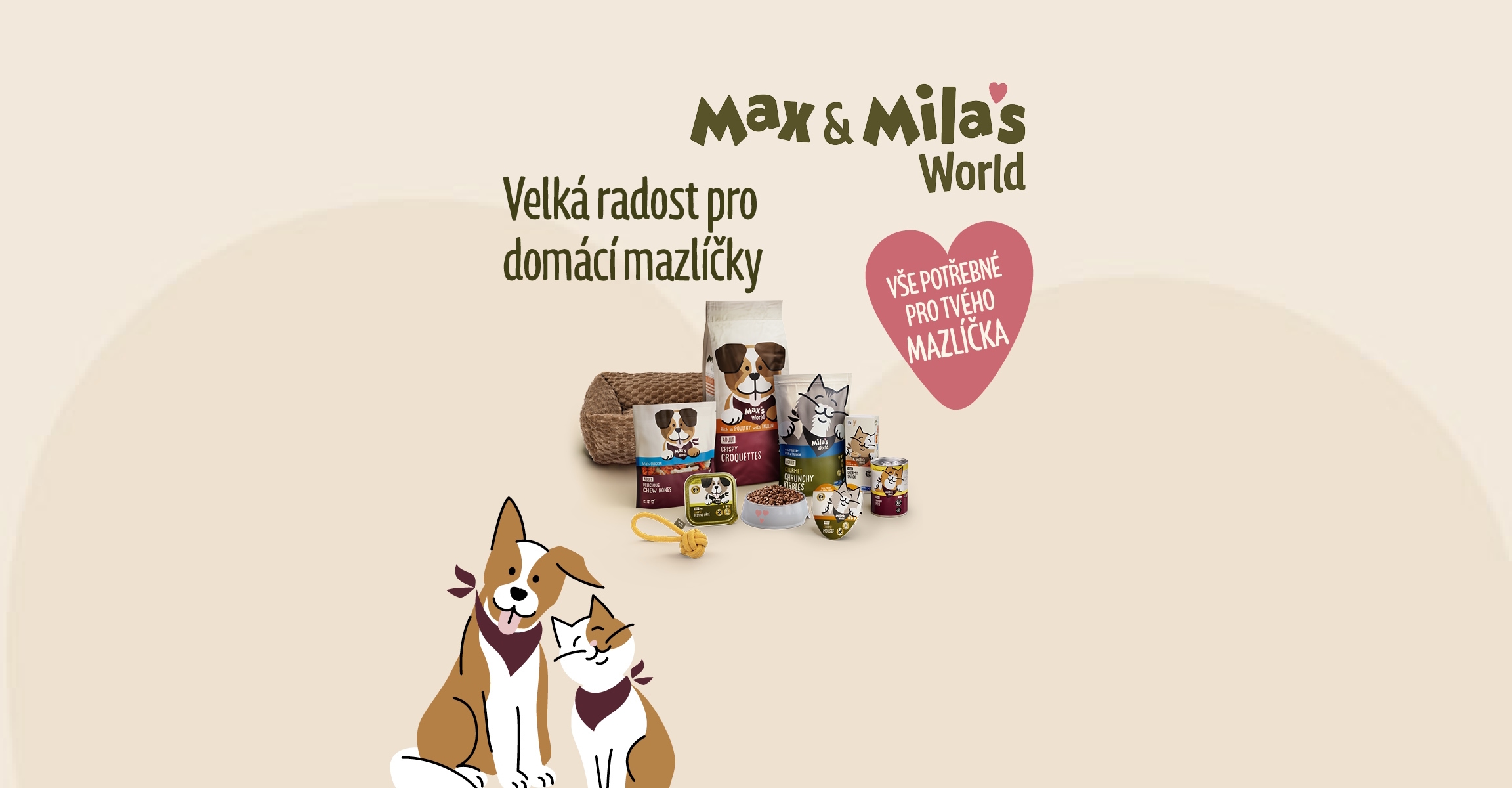 Ilustrace psa a kočky vedle krmiva a doplňků pro domácí mazlíčky s českým textem.