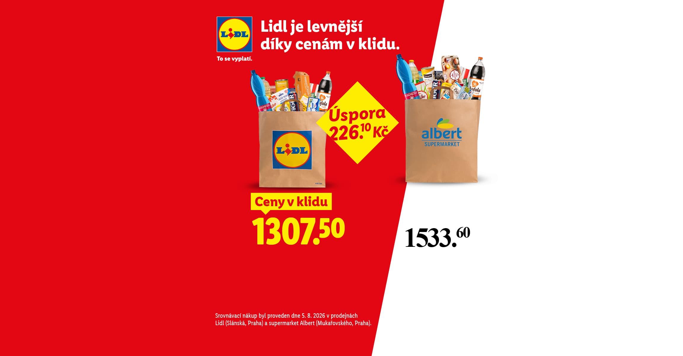 Lidl je levnější díky cenám v klidu. Nákup potravin za 1307,50 Kč, úspora 226,10 Kč.
