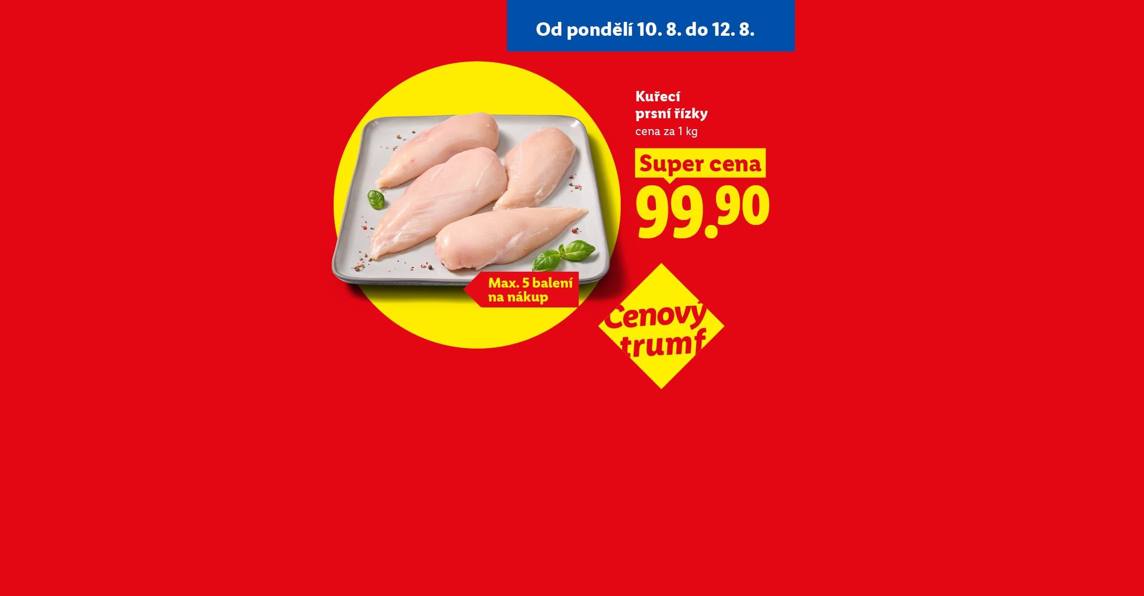Akční nabídka s kuřecími řízky za 99,90 Kč za kilo, Coca-Colou za 99,90 Kč, 4x 1,75 l a kapsičkami pro kočky za 269,90 Kč za 44x85 g, platná od 10. do 12. srpna.