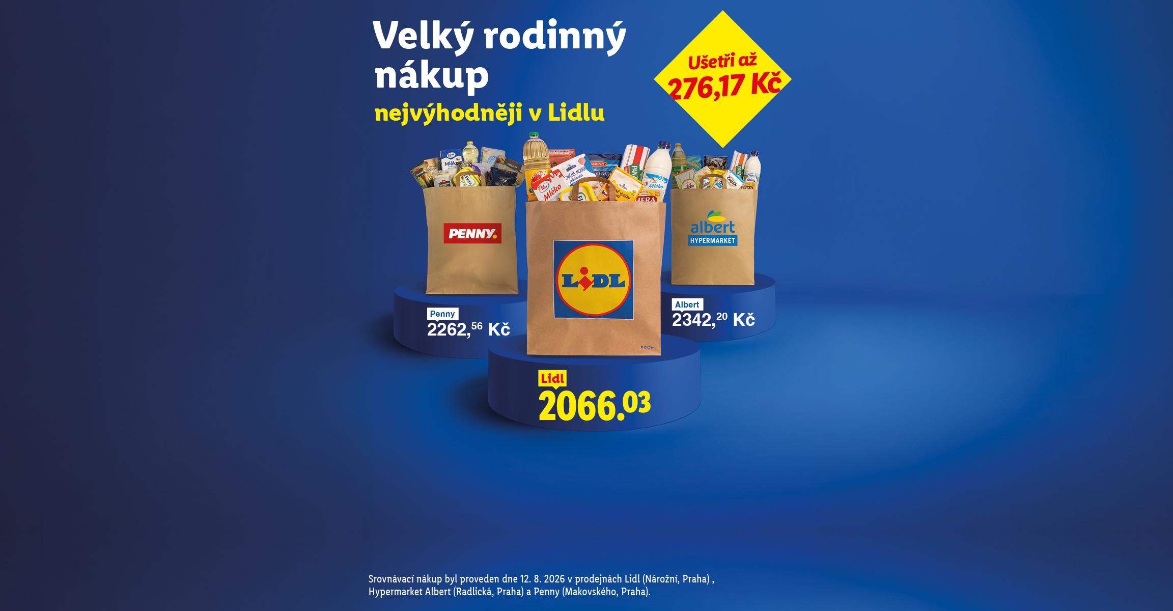 Velký rodinný nákup nejvýhodněji v Lidlu, ušetříte až 276,17 Kč. Tři nákupní tašky plné potravin.