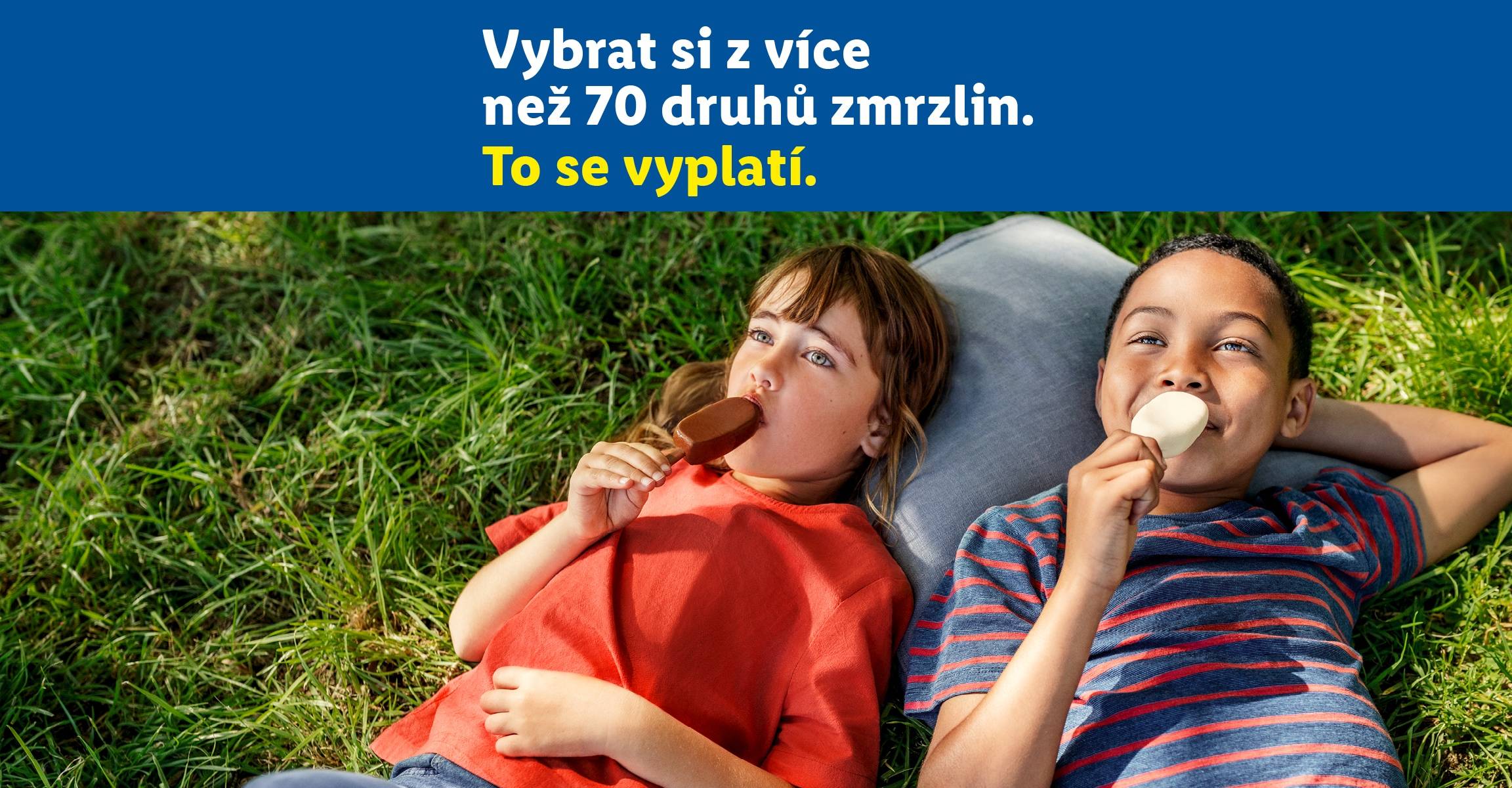 Dvě děti ležící na trávě a jedící zmrzlinu. Text: Vybrat si z více než 70 druhů zmrzlin. To se vyplatí.