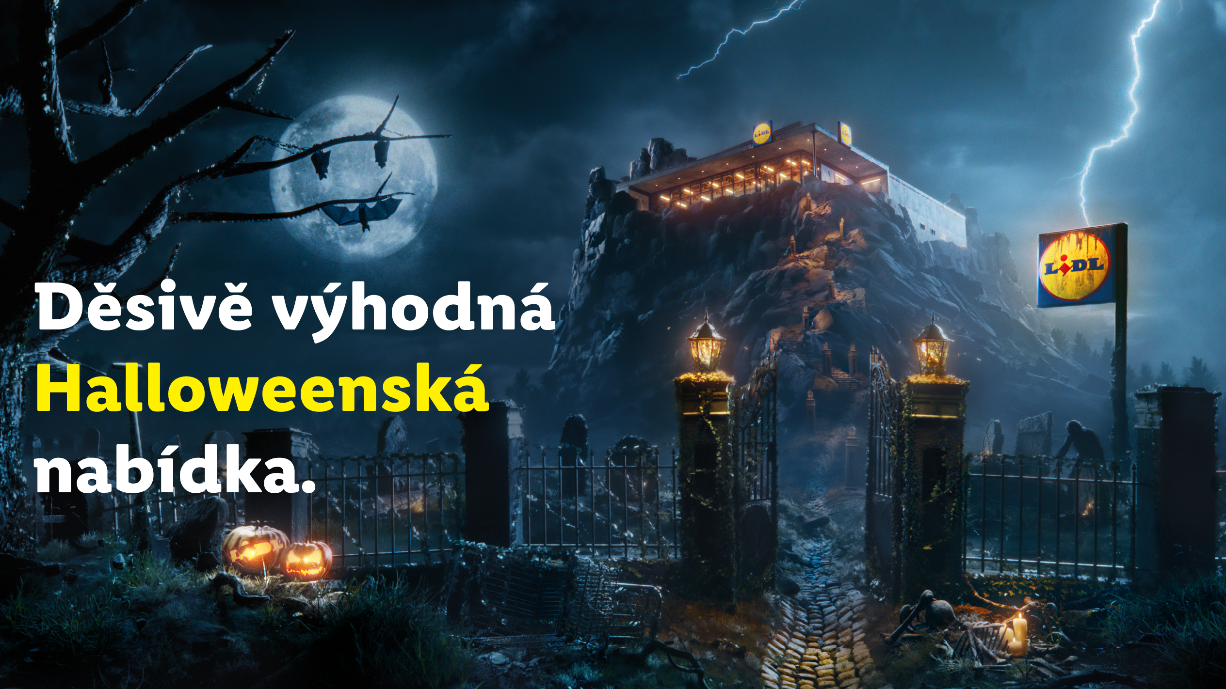 Lidl na strašidelném kopci s hřbitovem a nápisem 'Děsivě výhodná Halloweenská nabídka'.