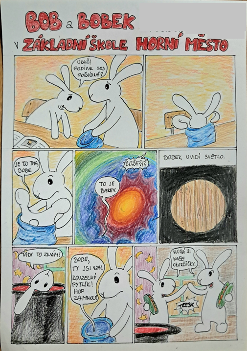 Komiks s králíky Bobem a Bobkem ve škole, kteří kouzlí okurky z kouzelného pytlíku.