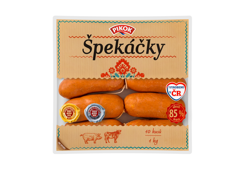 Balení špekáčků s nápisem „Špekáčky“, „Vyrobeno v ČR“ a „obsah 85% masa“.