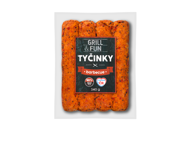 Balení grilovacích tyčinek s příchutí barbecue, 90 % masa, 340 g.