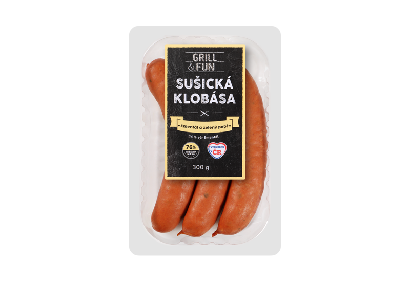 Balení klobás s ementálem a zeleným pepřem, 300 g, vyrobeno v ČR.