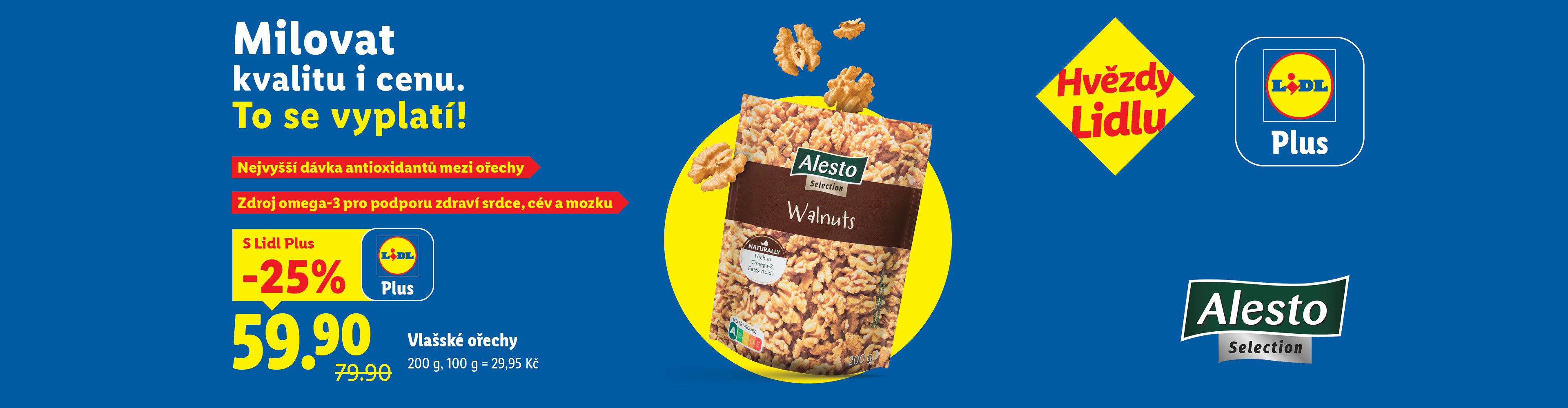 Alesto vlašské ořechy s 25% slevou, zdůrazňující kvalitu a cenu.