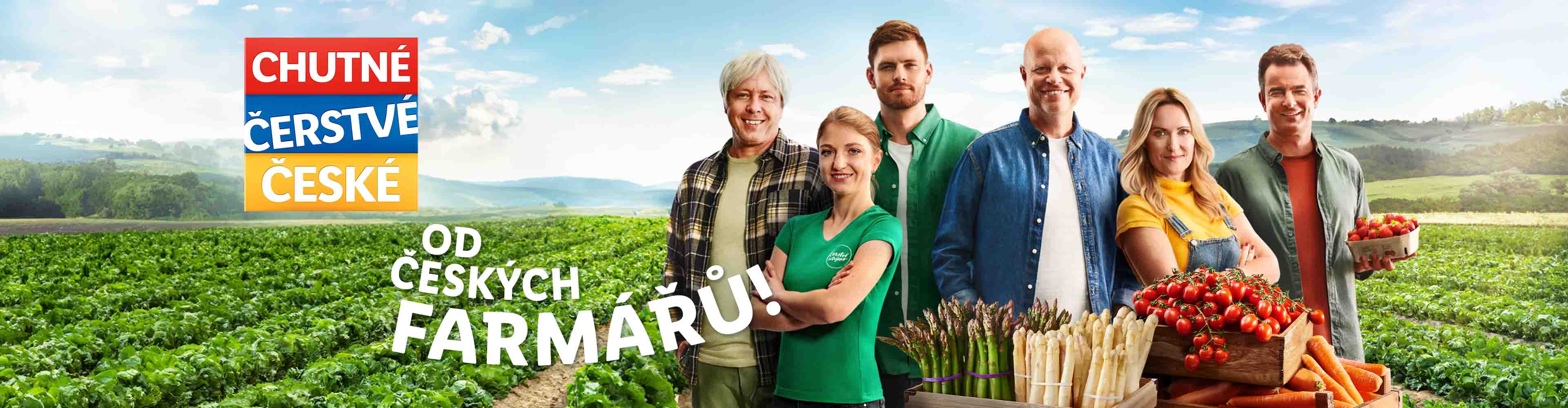 České farmářské produkty: chřest, rajčata, mrkev.