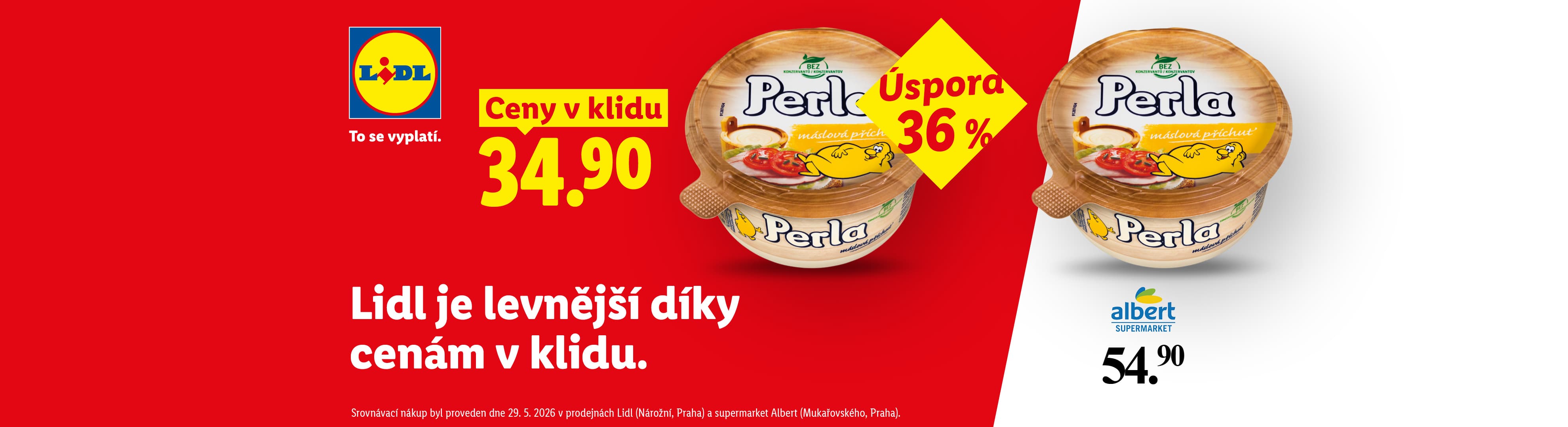 Reklama na pomazánku s máslovou příchutí, zdůrazňující nižší cenu v Lidlu oproti Albertu.