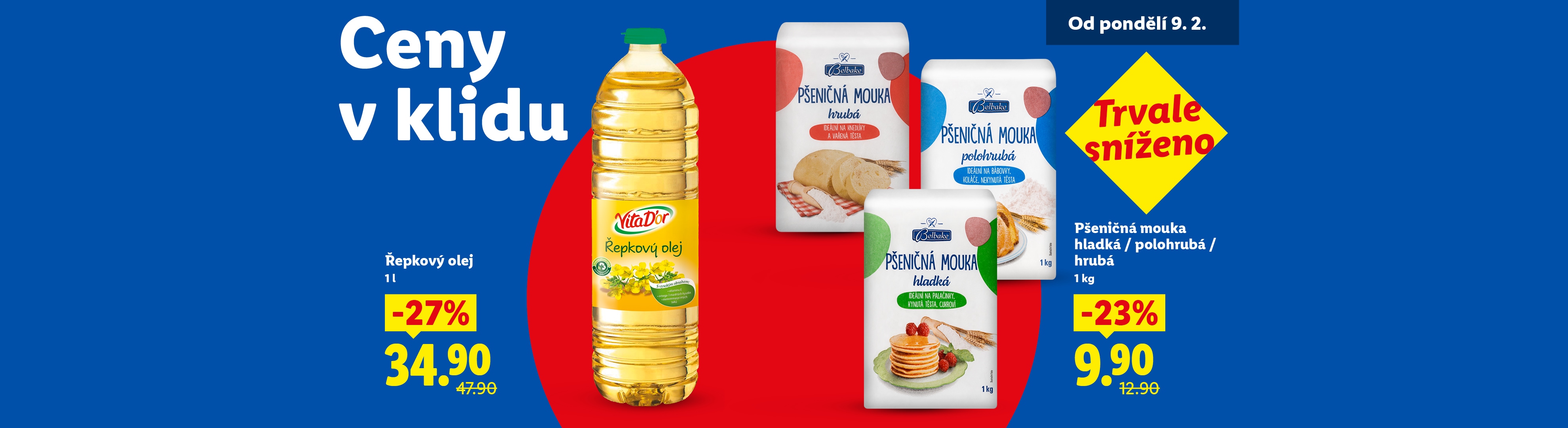 Řepkový olej a pšeničná mouka s cenami sníženými o 27 % a 23 %.