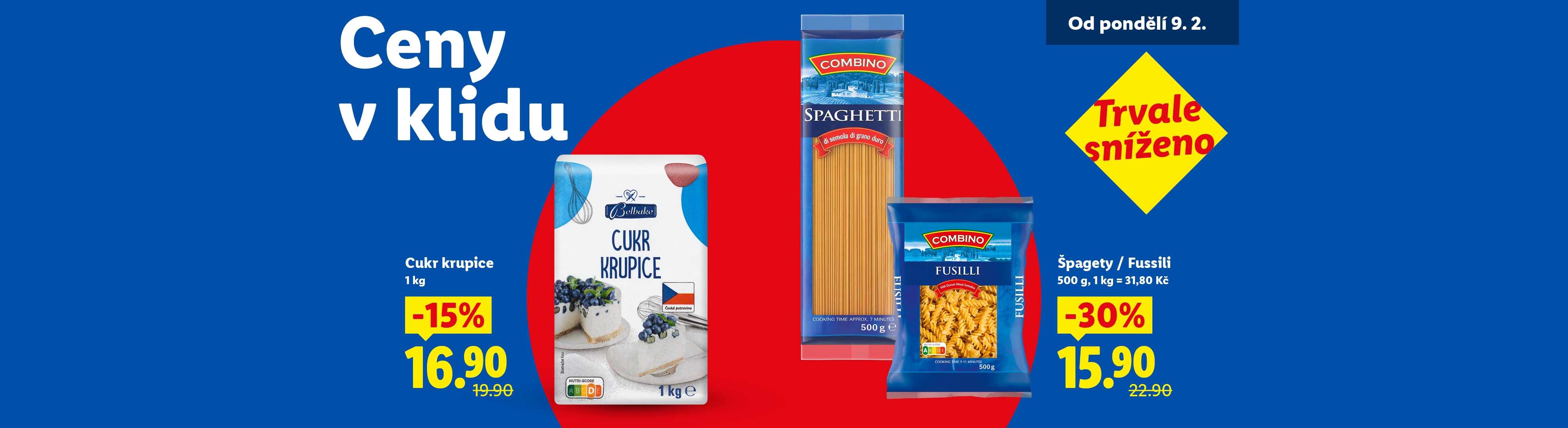 Reklama na potraviny s krupicovým cukrem a těstovinami, s cenami sníženými až o 30 %.