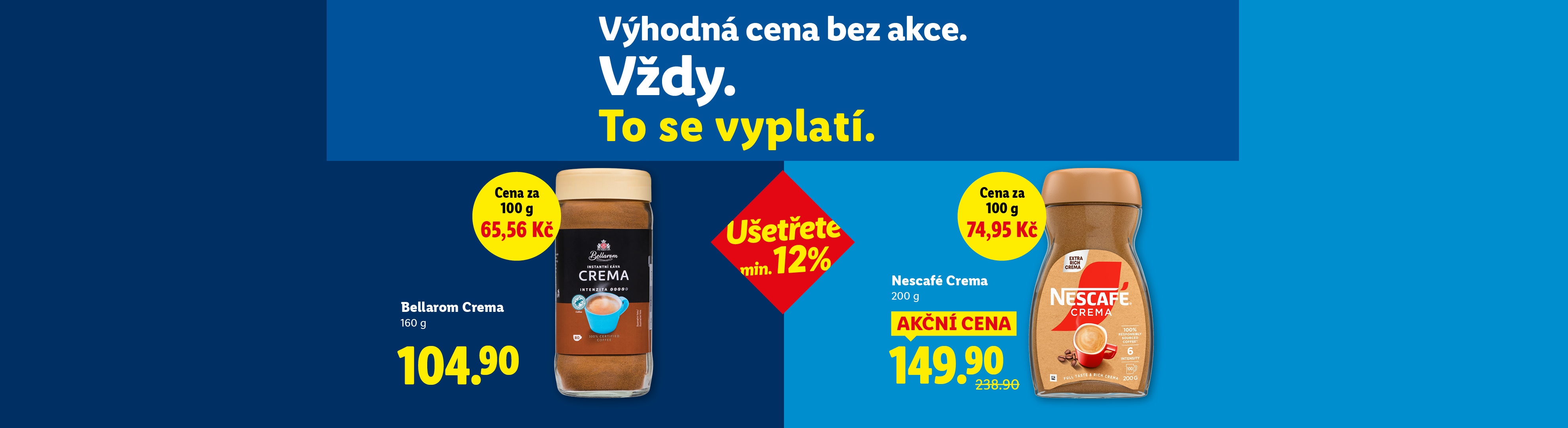 Srovnání cen instantní kávy Bellarom Crema a Nescafé Crema s akční nabídkou.