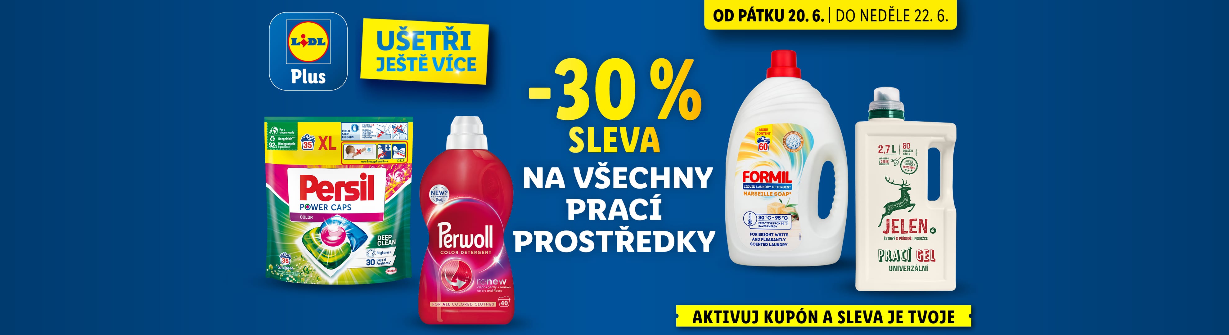 Od pátku 20. 6. do neděle 22. 6. ušetřete ještě více. Aktivujte kupón Lidl Plus a získejte -30 % slevu na všechny prací prostředky.