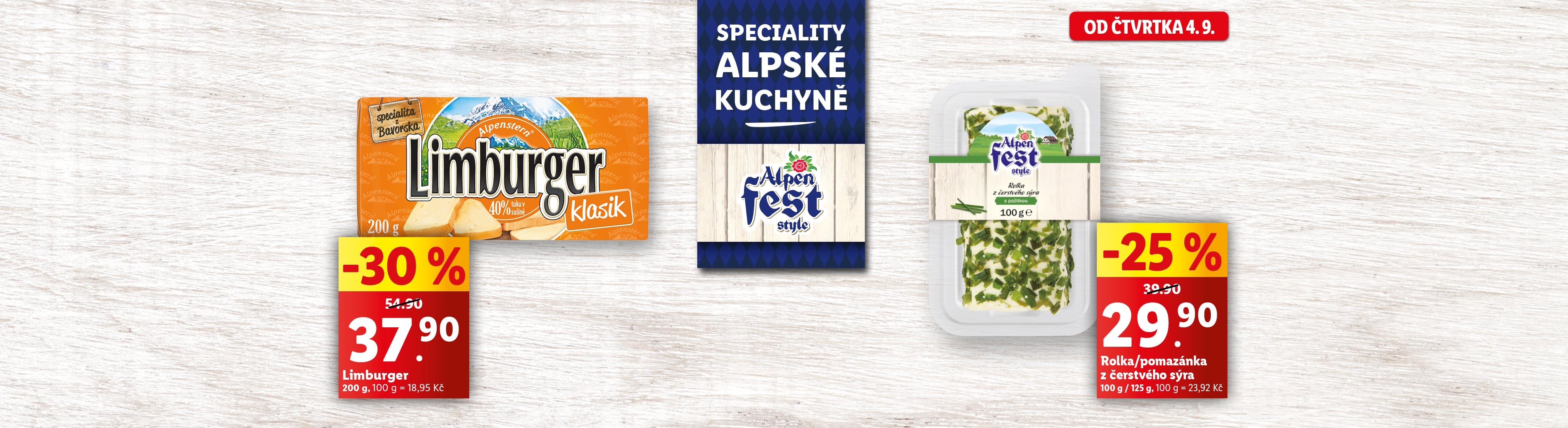 Reklama na sýr Limburger se slevou a speciální alpské kuchyně.