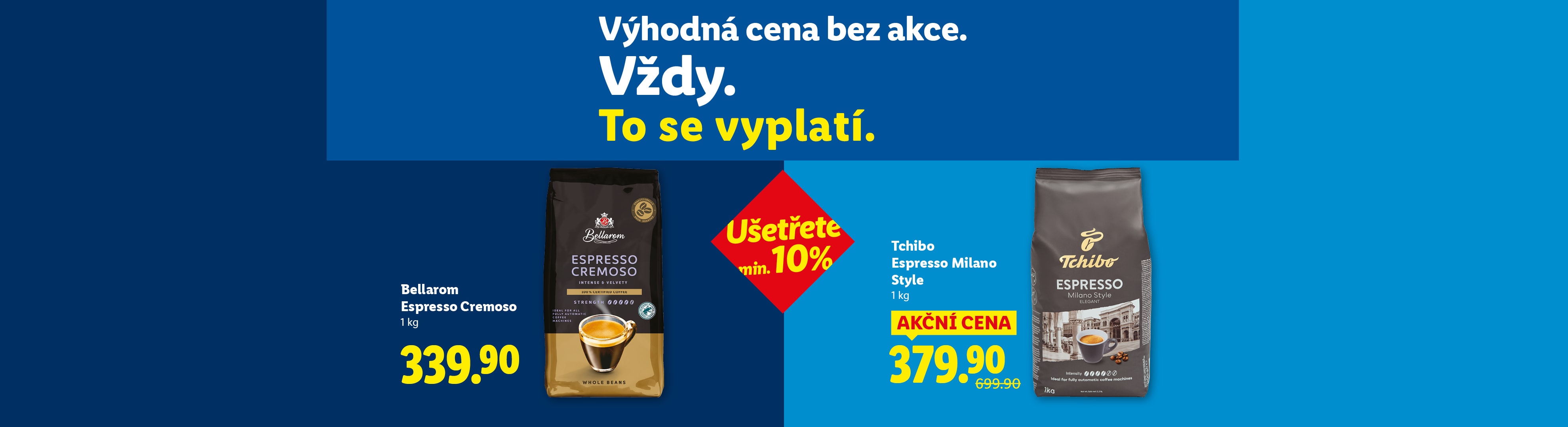 Nabídka kávy Bellarom Espresso Cremoso a Tchibo Espresso Milano Style.