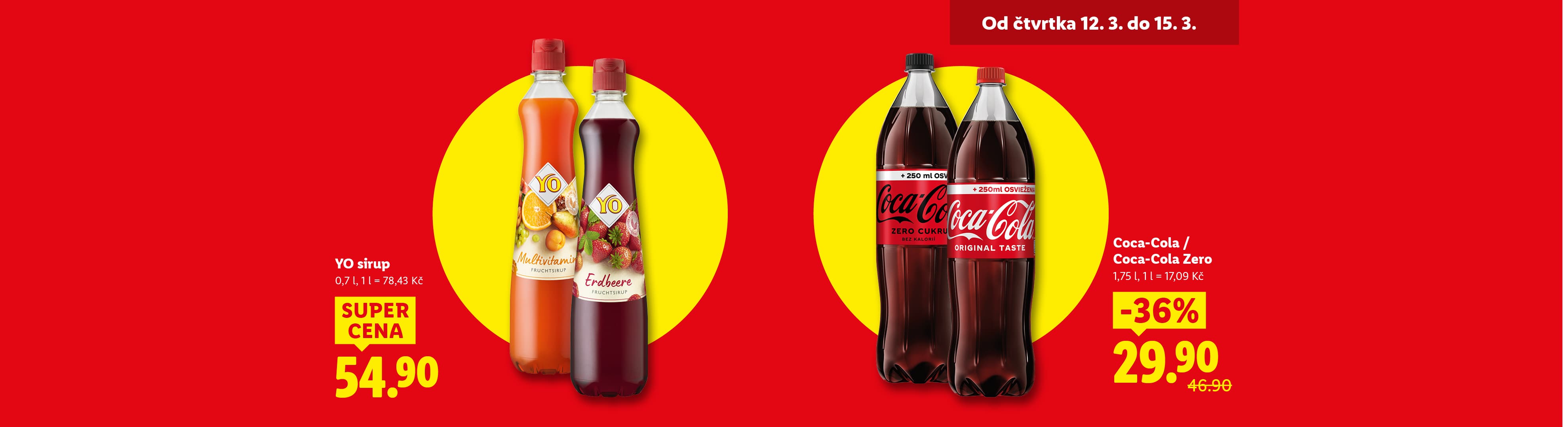 Dvě lahve ovocného sirupu a dvě lahve coly s akčními cenami.