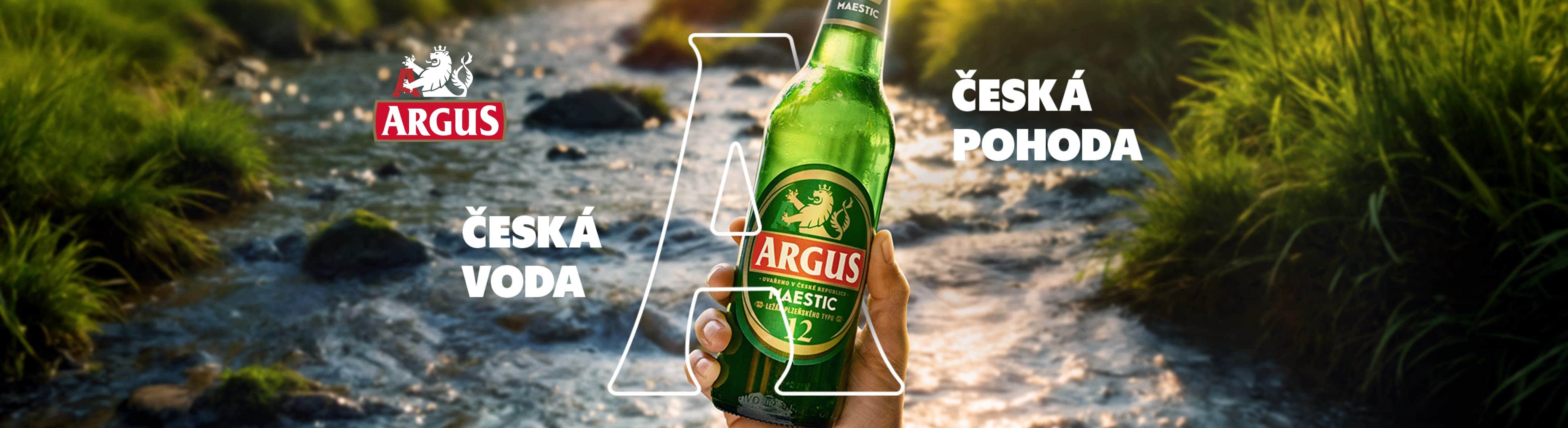 Pivo Argus Maestic 12° se sloganem Česká pohoda u řeky.