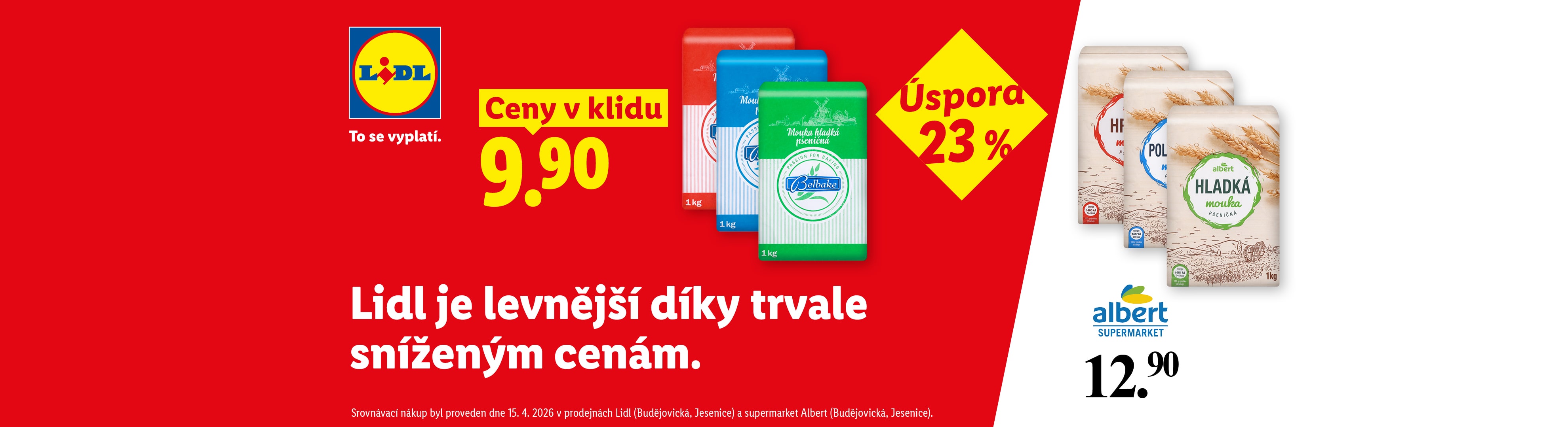 Srovnání cen mouky: 9.90 Kč v Lidlu, 12.90 Kč v Albertu, s úsporou 23 %.