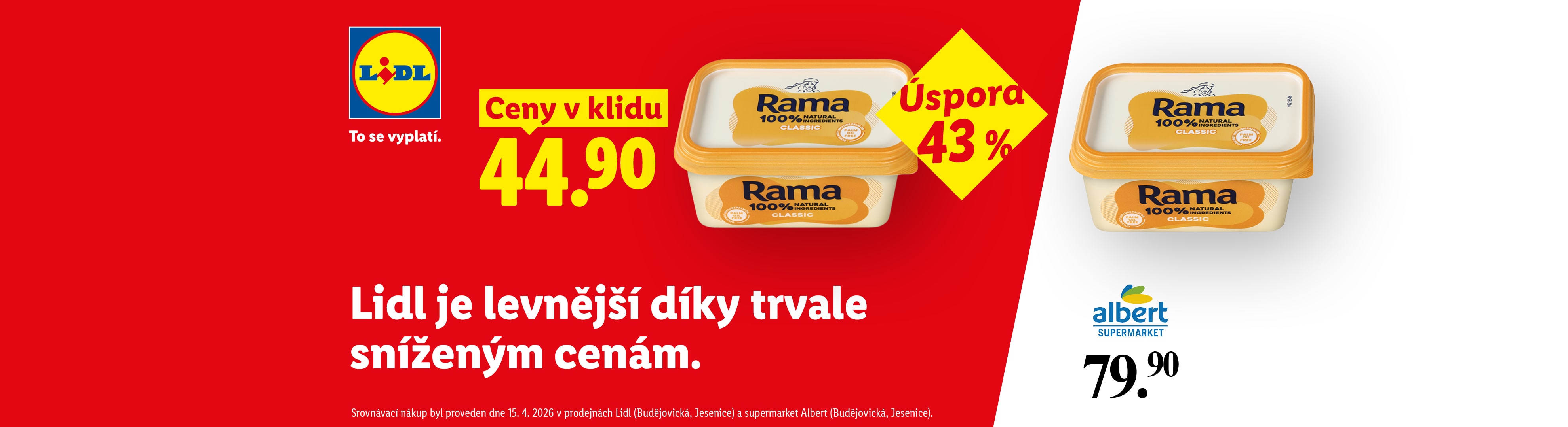 Reklama na margarín s cenou 44,90 Kč v Lidlu a 79,90 Kč v Albertu, s úsporou 43 %.