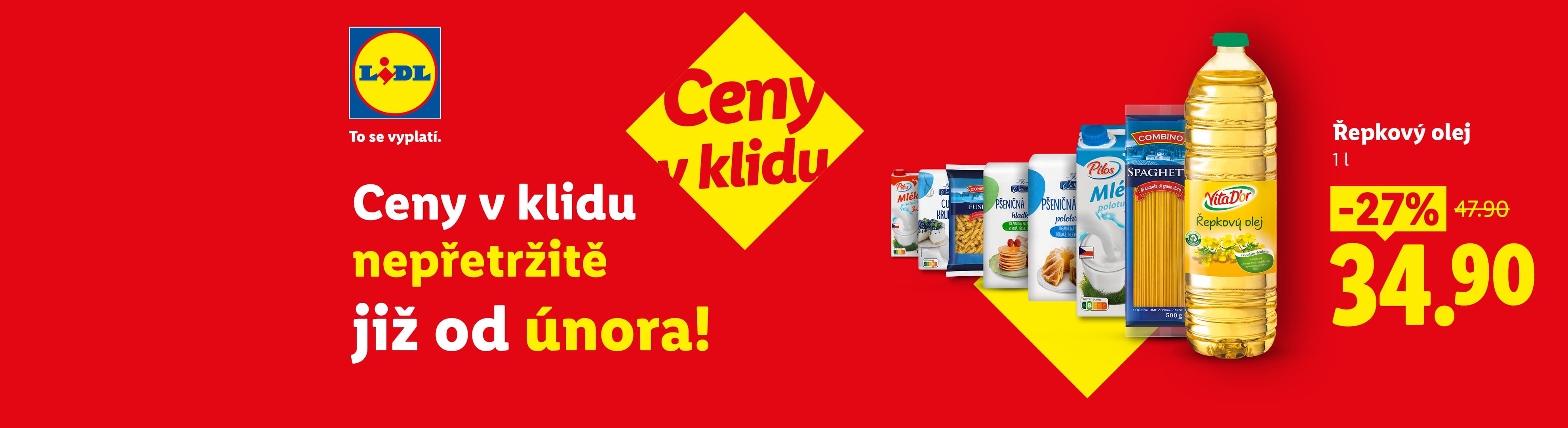 Lidl banner s řepkovým olejem, těstovinami, mlékem a moukou, s textem „Ceny v klidu nepřetržitě již od února!“ a slevou 27 % na řepkový olej.