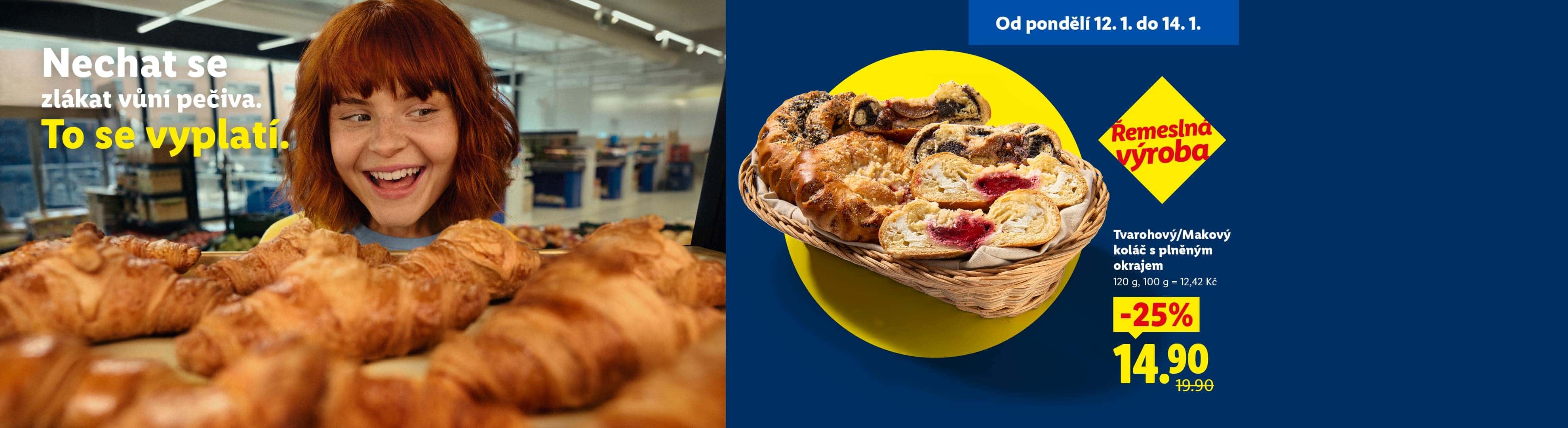 Mladá žena se usmívá na čerstvé pečivo, v popředí jsou koláče a šneci s náplní, s akční cenou.