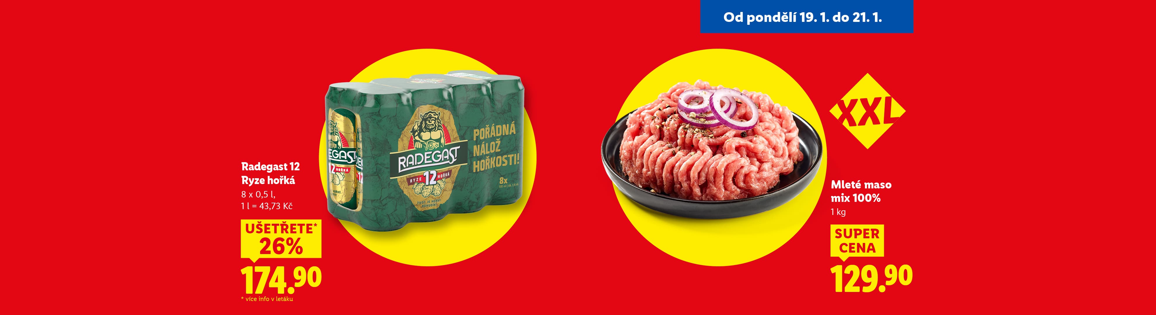 Reklamní leták s pivem v balení 8x0,5l a mletým masem 1kg, s cenami a slevami.